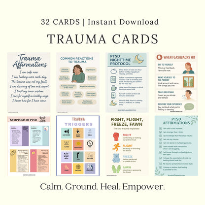 Printable trauma cards with PTSD affirmations, triggers, symptoms, and coping tools to calm, ground, and heal