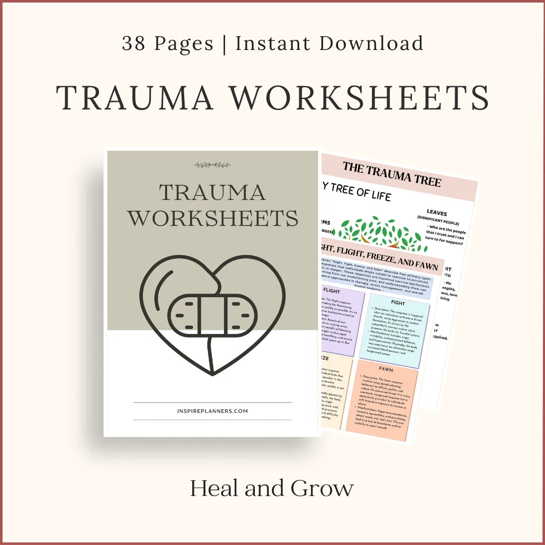 Trauma worksheets printable PDF with Tree of Life activity and coping strategies for emotional healing.