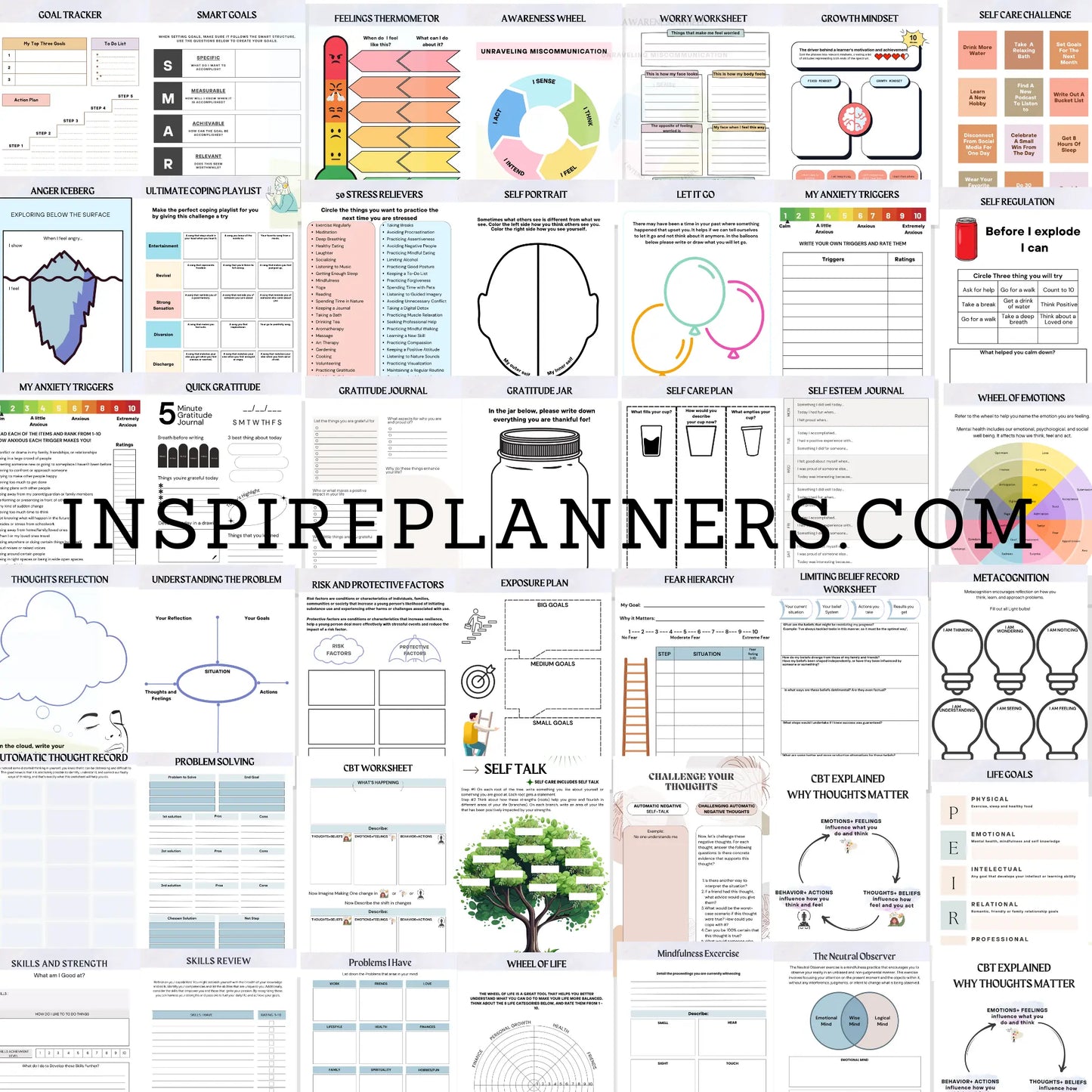 Overview preview of Ultimate Mental Health Worksheets bundle showing worksheet pages and printable activities.