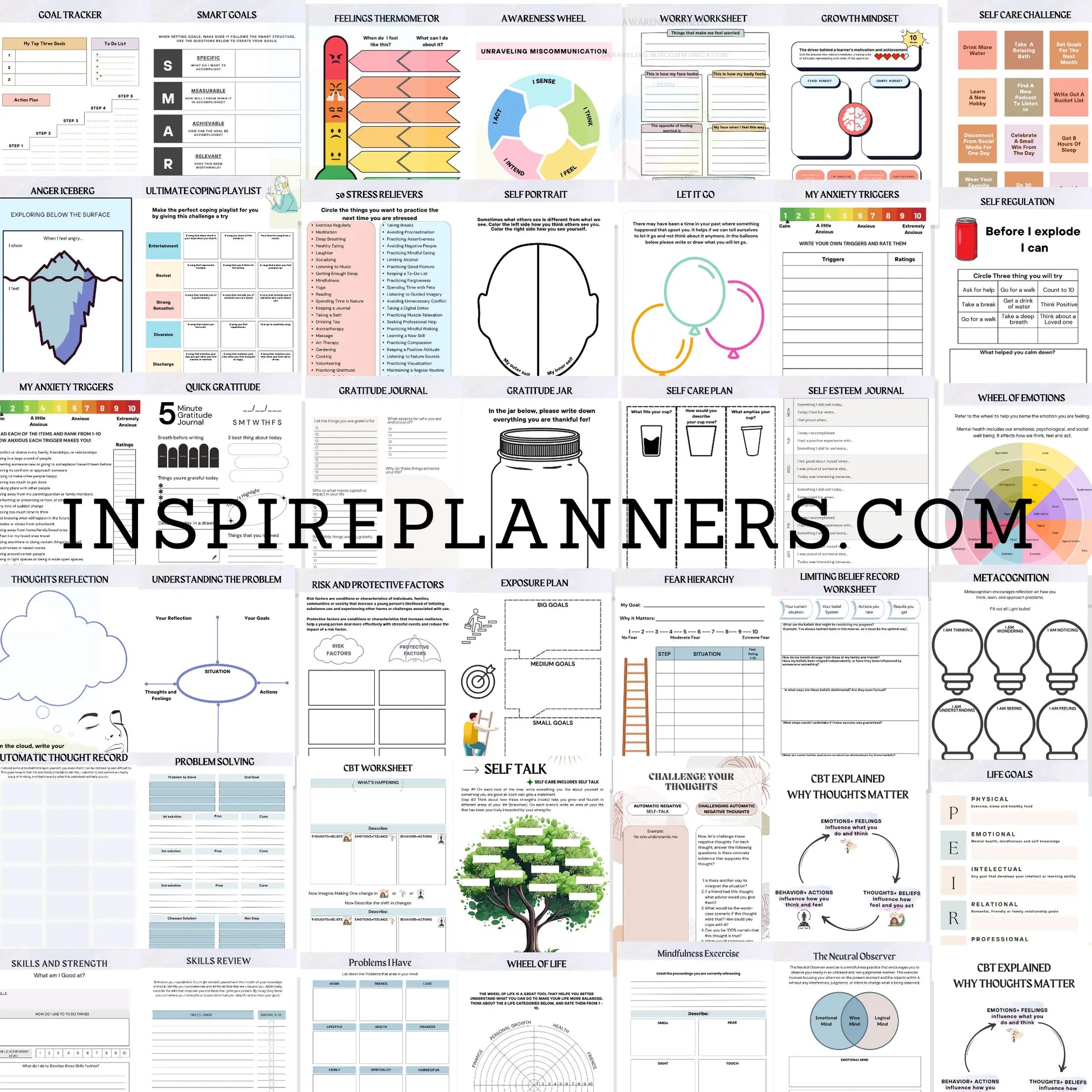 Overview preview of Ultimate Mental Health Worksheets bundle showing worksheet pages and printable activities.