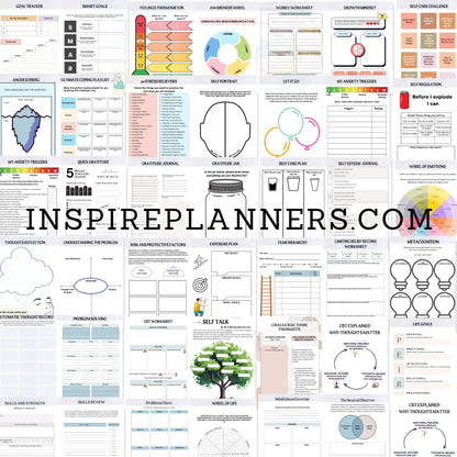 Overview preview of Ultimate Mental Health Worksheets bundle showing worksheet pages and printable activities.