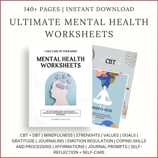 Ultimate Mental Health Worksheets hero mockup showing 140+ pages of printable CBT, DBT, mindfulness, and self-care resources.