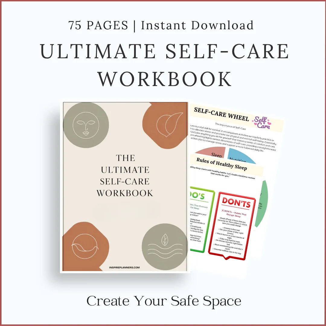 Ultimate Self-Care Workbook printable PDF with wellness and emotional balance worksheets, 75-page instant download.