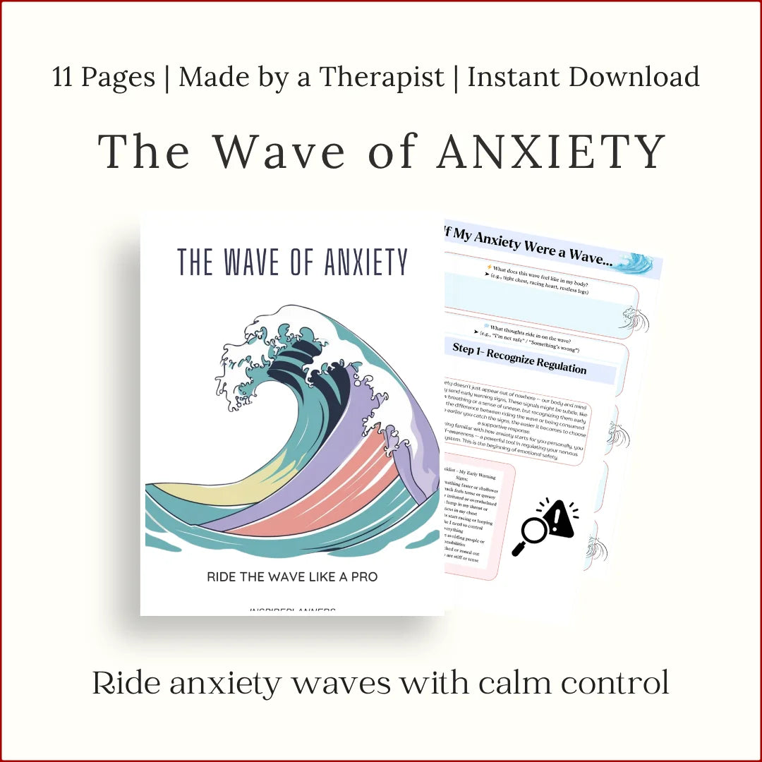 Printable Wave of Anxiety Workbook with worksheets for riding emotional waves and managing anxiety, 11-page instant download PDF.