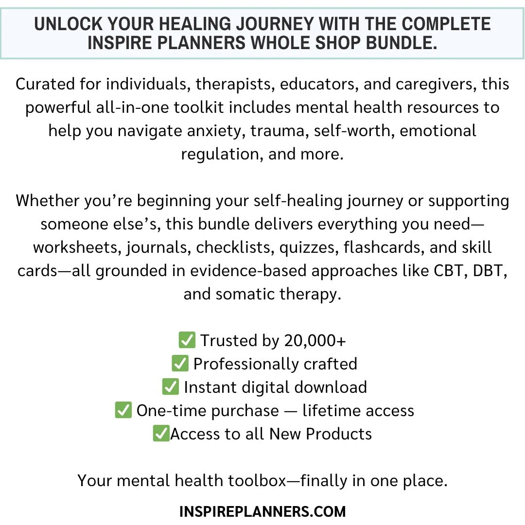 Whole Shop Bundle overview describing complete printable mental health resources including worksheets, journals, quizzes, and self-care tools.
