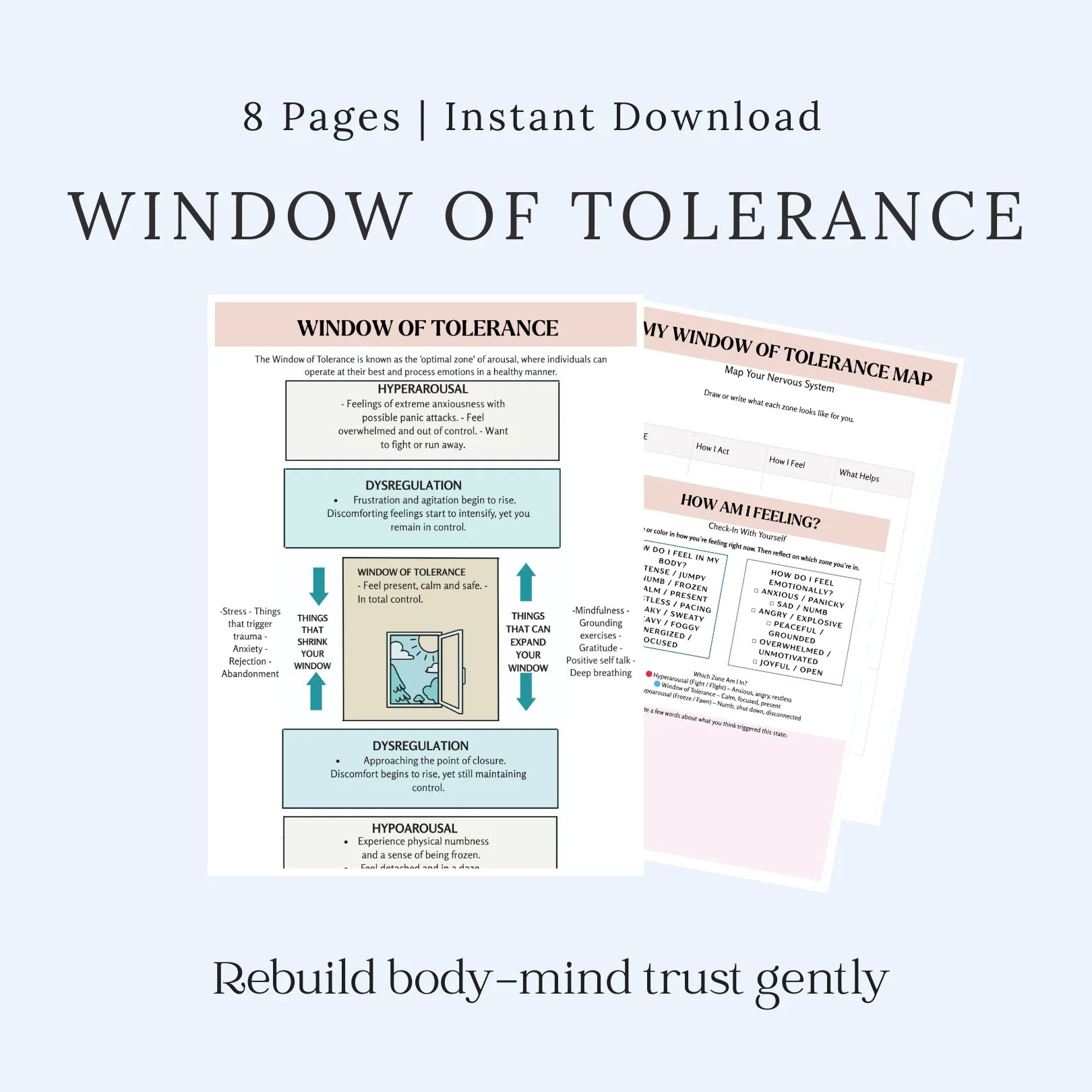 Window of Tolerance printable worksheets for emotional regulation and coping skills, A4 instant download.