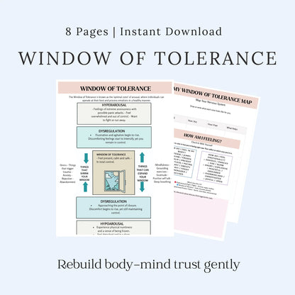 Window of Tolerance printable worksheets for emotional regulation and coping skills, A4 instant download.